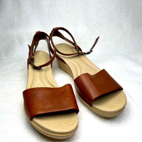 CROCS Shoes - Crocs, tan with brown straps 2+ inch wedge